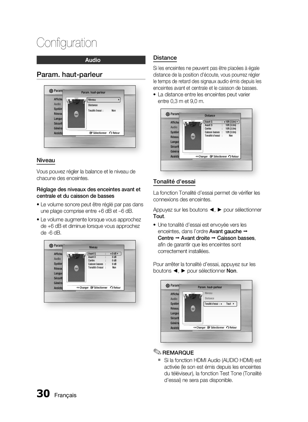 Samsung HT-C7300/XEF manual Param. haut-parleur, Audio, Niveau, Distance, Tonalité dessai 