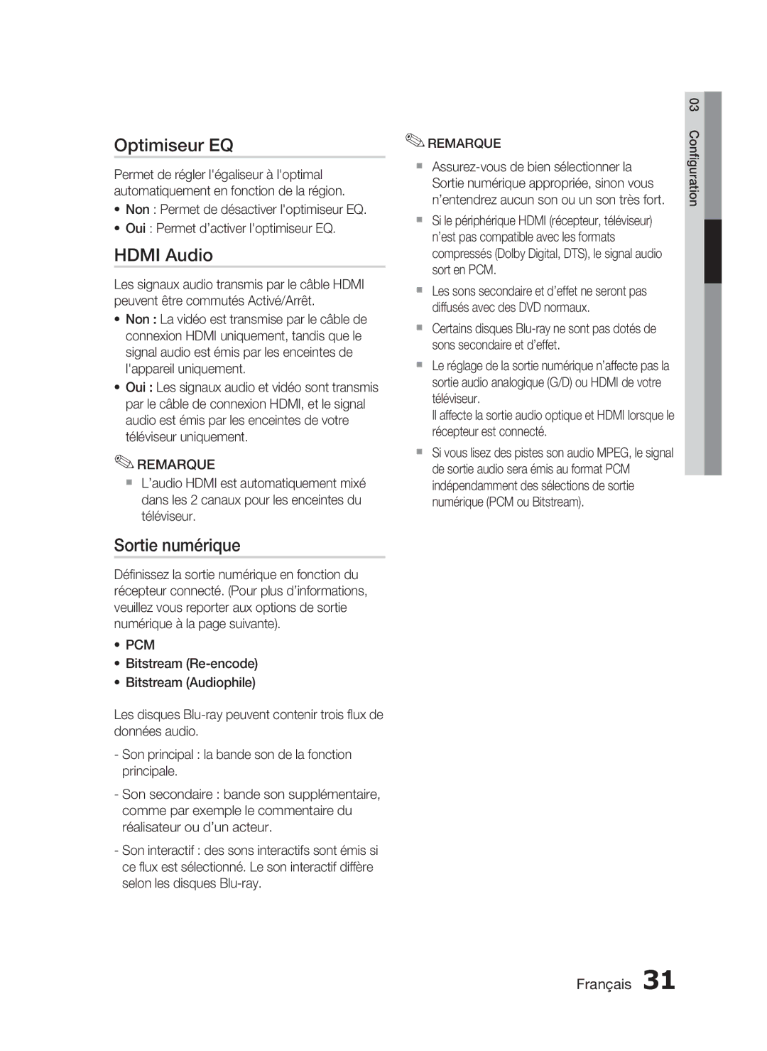 Samsung HT-C7300/XEF manual Optimiseur EQ, Hdmi Audio, Sortie numérique 