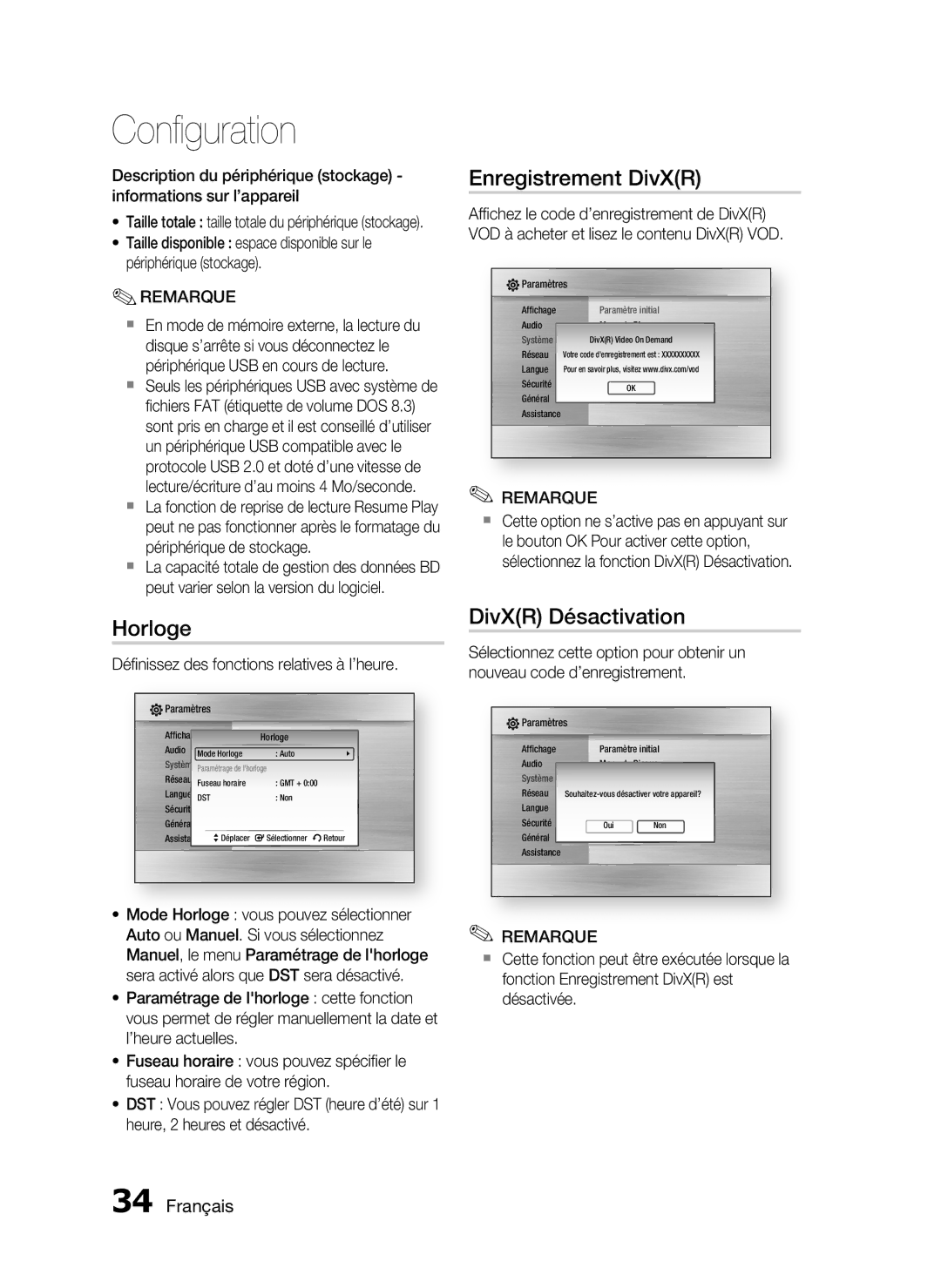 Samsung HT-C7300/XEF manual Horloge, Enregistrement DivXR, DivXR Désactivation, Déﬁnissez des fonctions relatives à l’heure 