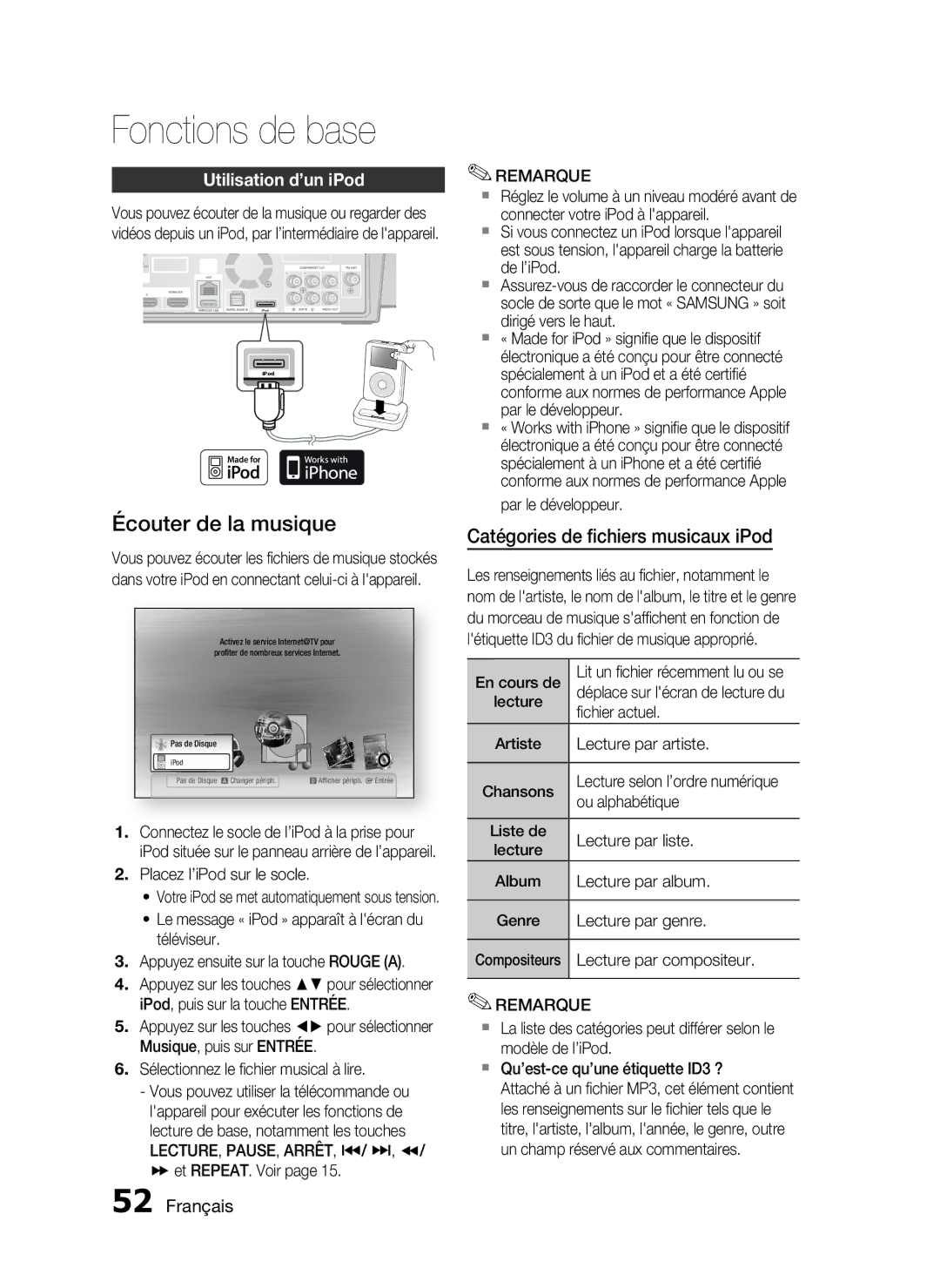 Samsung HT-C7300/XEF manual Écouter de la musique, Utilisation d’un iPod 