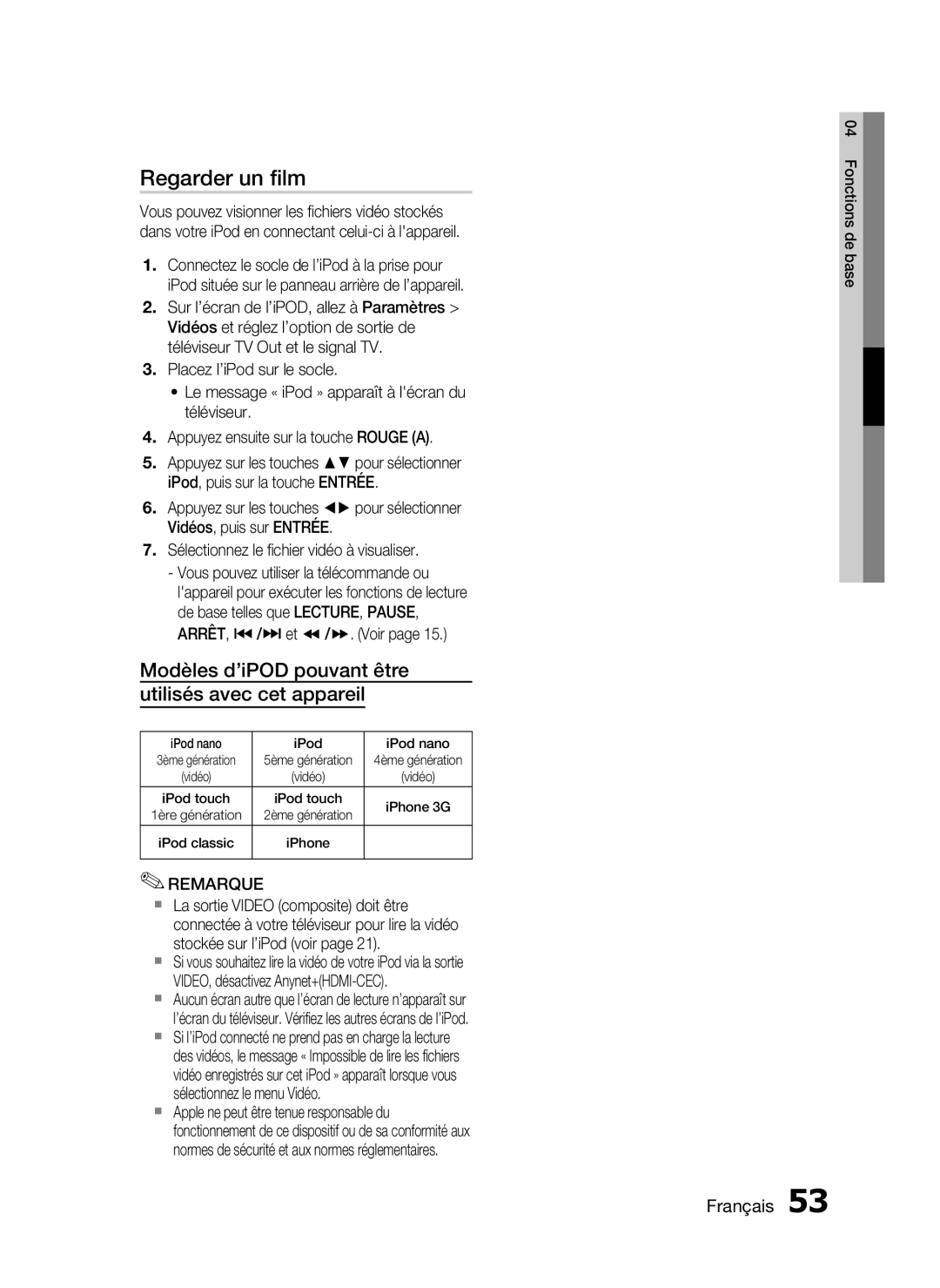 Samsung HT-C7300/XEF manual Regarder un ﬁlm, Modèles d’iPOD pouvant être Utilisés avec cet appareil 