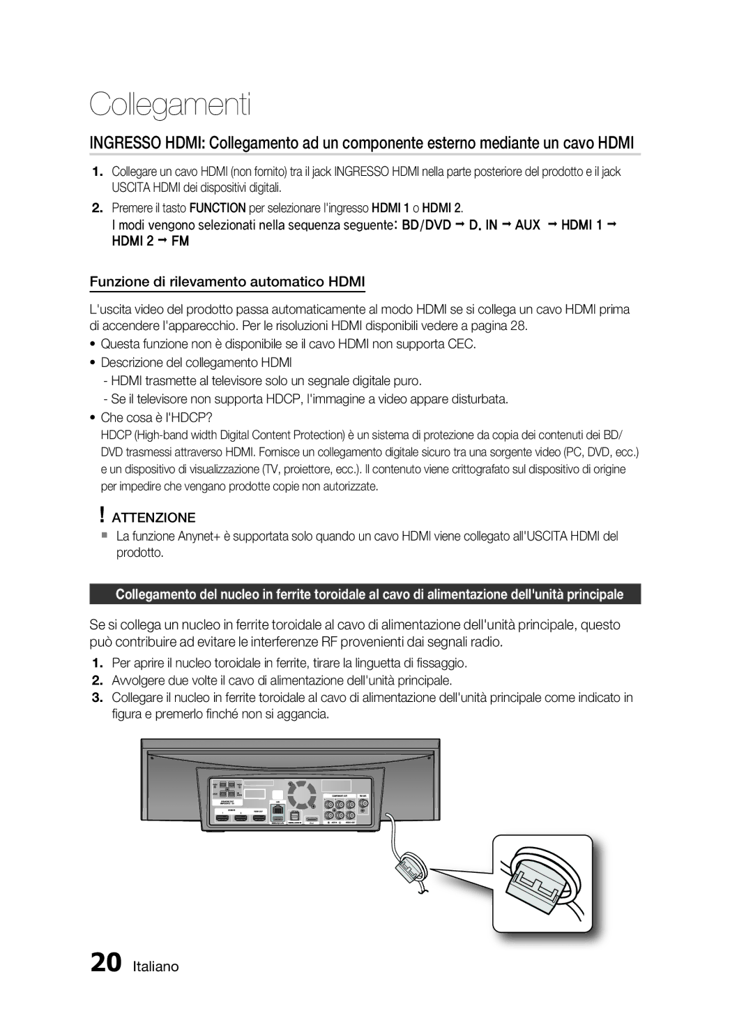 Samsung HT-C7300/XEF manual Funzione di rilevamento automatico Hdmi, Attenzione 