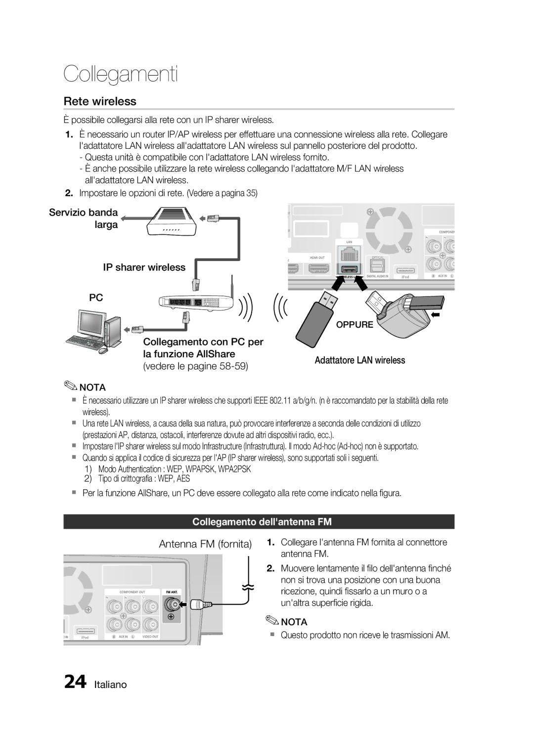 Samsung HT-C7300/XEF manual Adattatore LAN wireless, Collegamento dellantenna FM, Oppure 