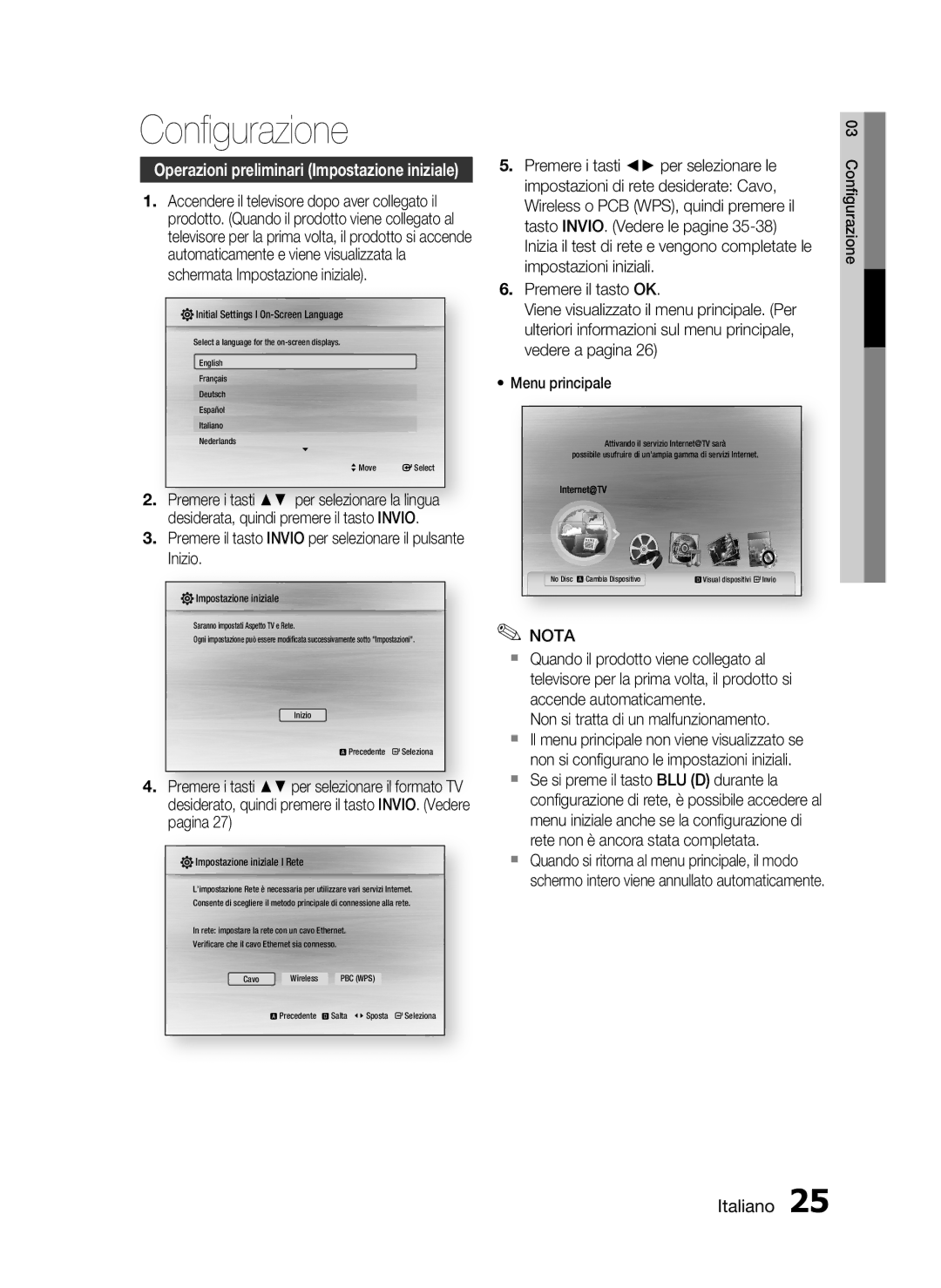 Samsung HT-C7300/XEF manual Conﬁgurazione, Premere il tasto Invio per selezionare il pulsante Inizio 