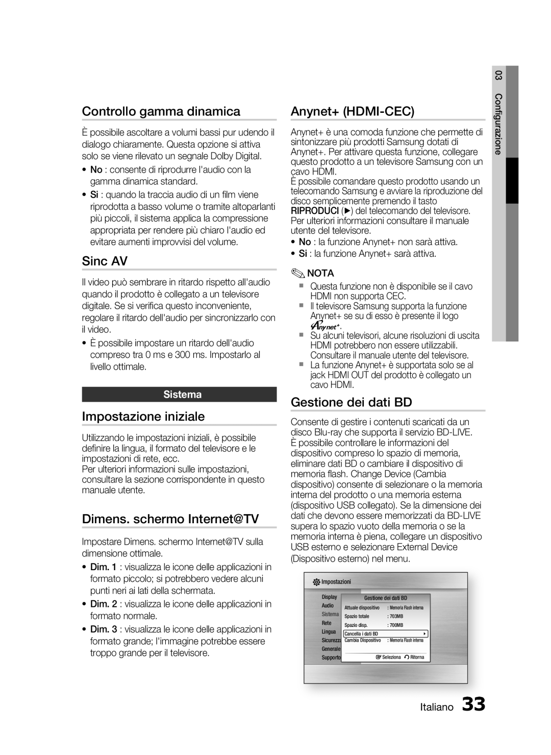 Samsung HT-C7300/XEF manual Controllo gamma dinamica, Sinc AV, Impostazione iniziale, Dimens. schermo Internet@TV 