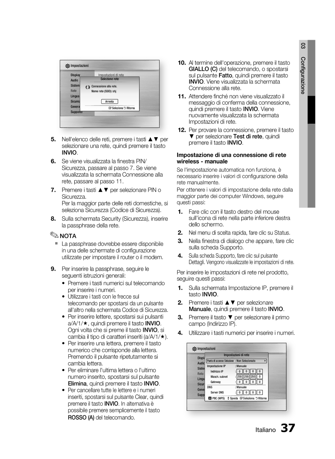 Samsung HT-C7300/XEF manual Premere i tasti per selezionare PIN o Sicurezza, Impostazioni di rete 