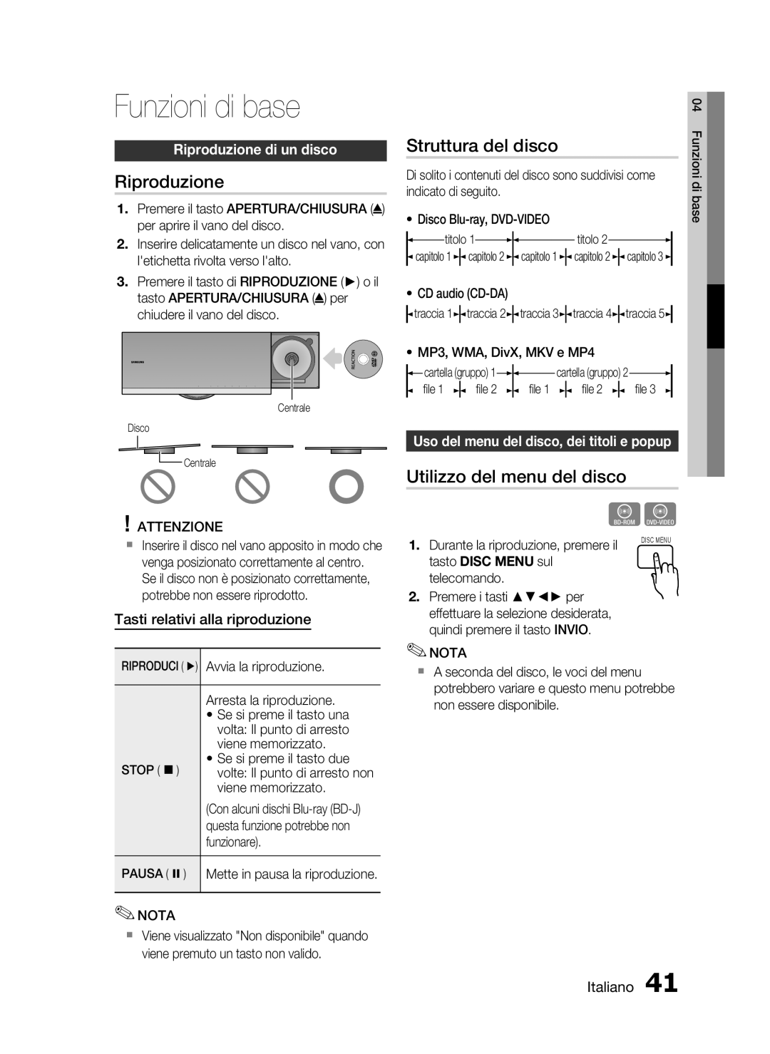 Samsung HT-C7300/XEF manual Funzioni di base, Riproduzione, Struttura del disco, Utilizzo del menu del disco 