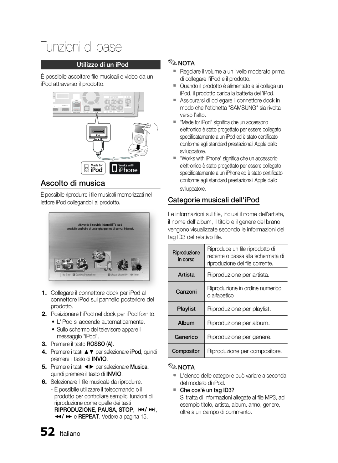 Samsung HT-C7300/XEF manual Ascolto di musica, Utilizzo di un iPod 