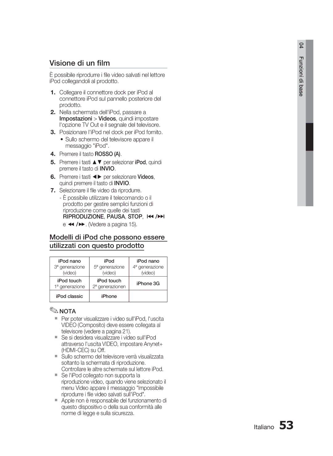 Samsung HT-C7300/XEF manual Visione di un ﬁlm 