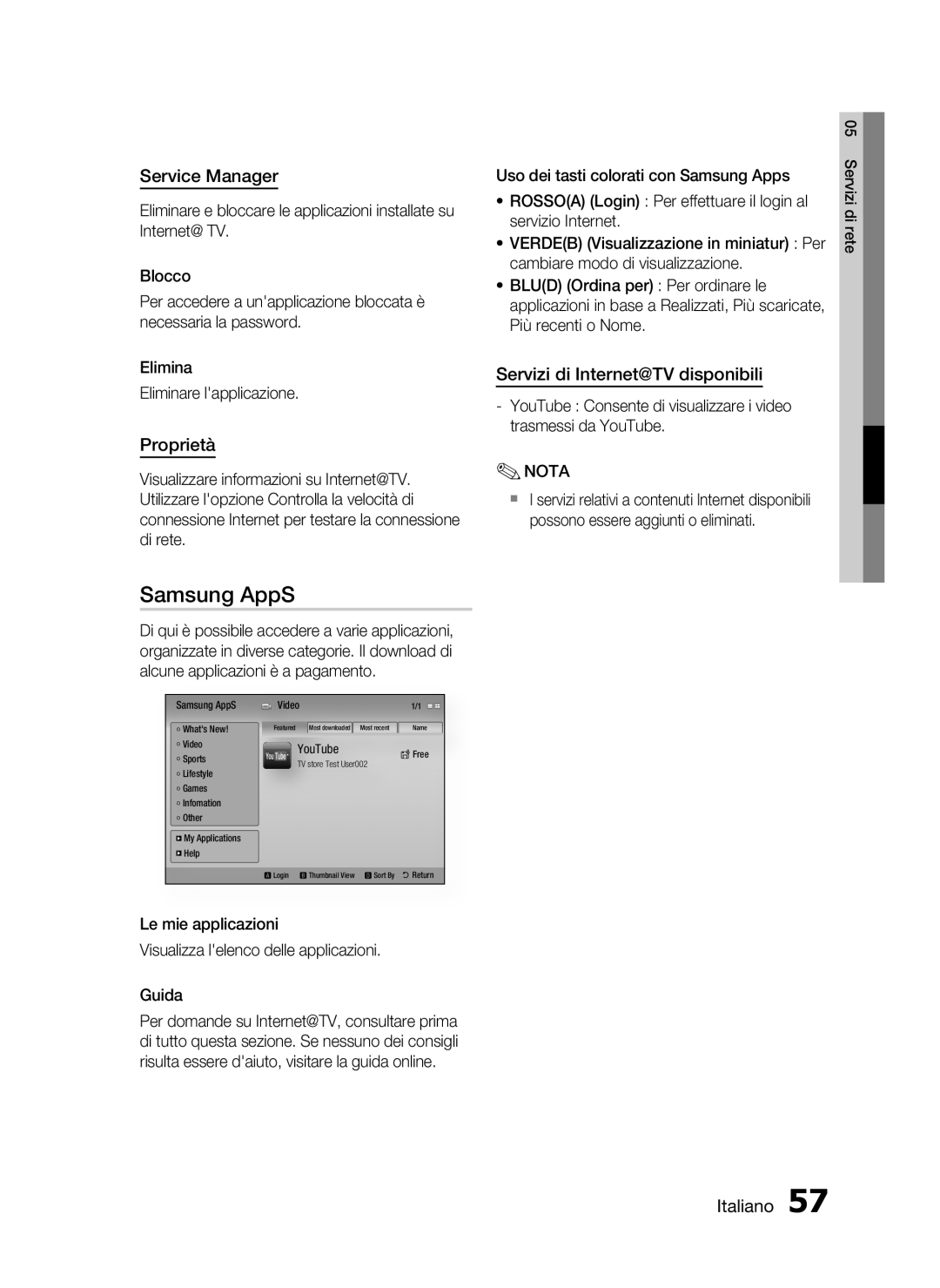 Samsung HT-C7300/XEF manual Samsung AppS, Service Manager, Proprietà, Servizi di Internet@TV disponibili 