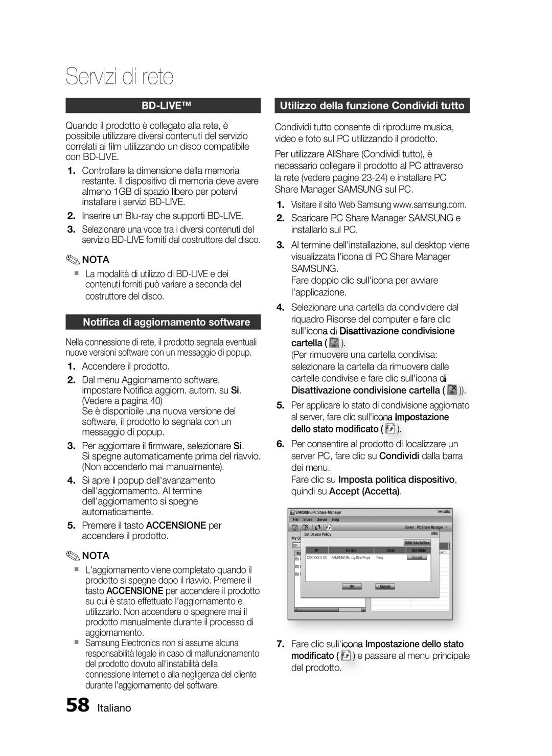 Samsung HT-C7300/XEF manual Utilizzo della funzione Condividi tutto, Notiﬁca di aggiornamento software, Samsung 