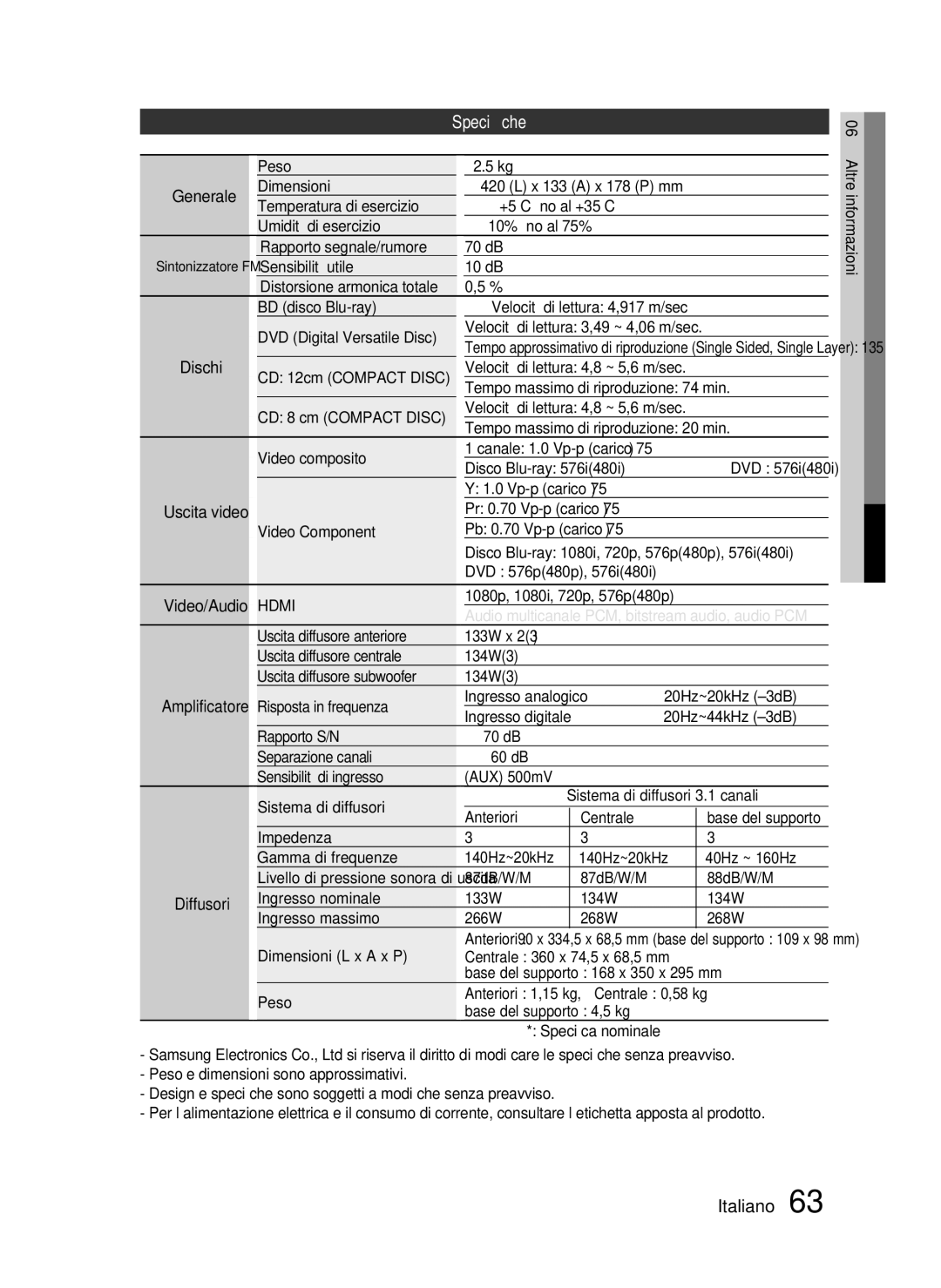 Samsung HT-C7300/XEF manual Speciﬁche 