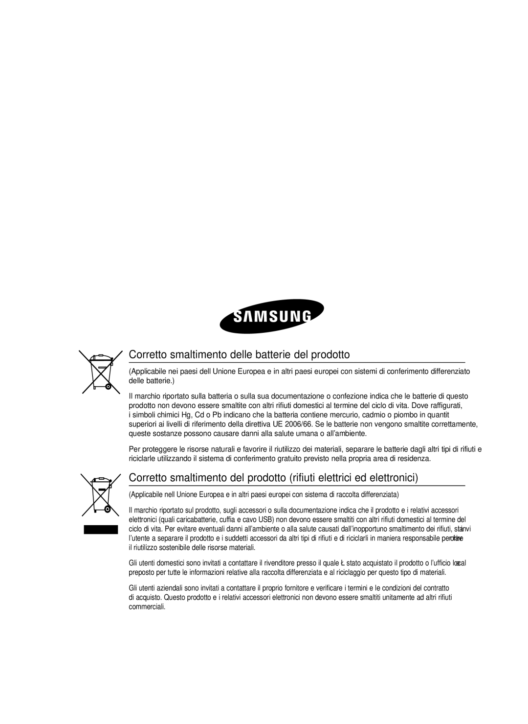 Samsung HT-C7300/XEF manual Corretto smaltimento delle batterie del prodotto 