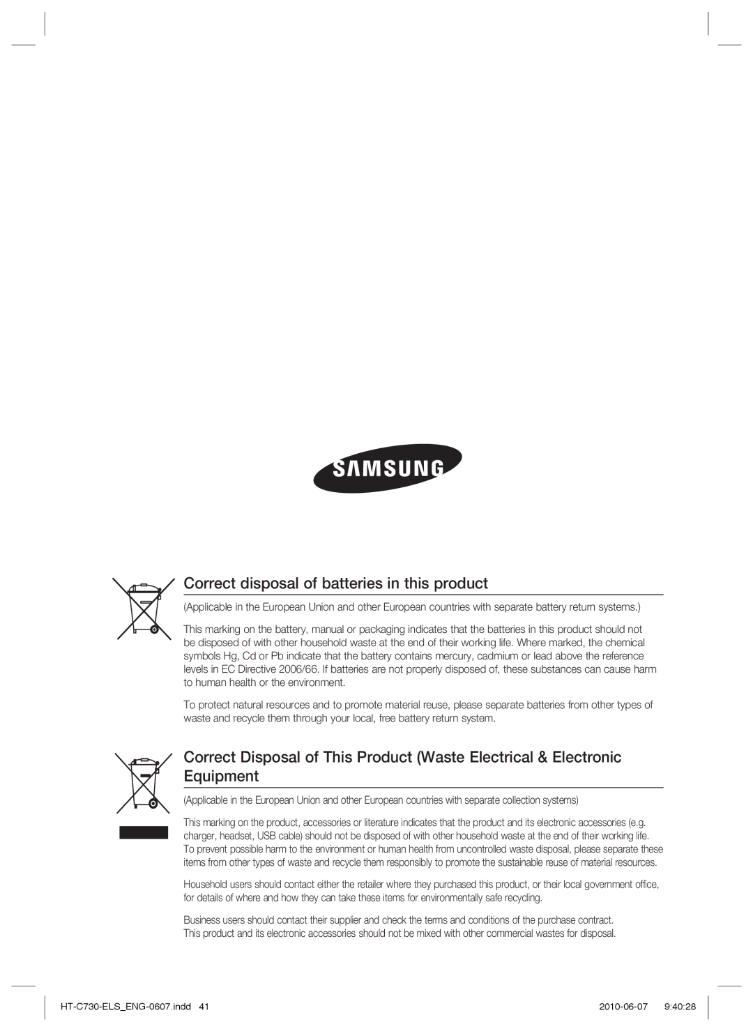 Samsung HT-C730/XEF, HT-C730/EDC manual Correct disposal of batteries in this product 