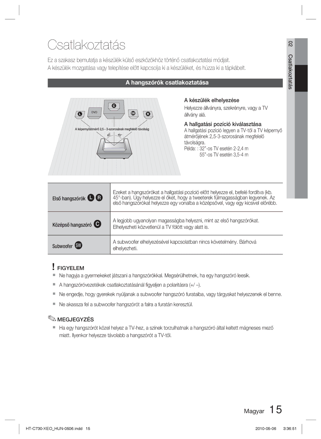 Samsung HT-C730/XEF, HT-C730/EDC manual Csatlakoztatás, Hangszórók csatlakoztatása, Figyelem 