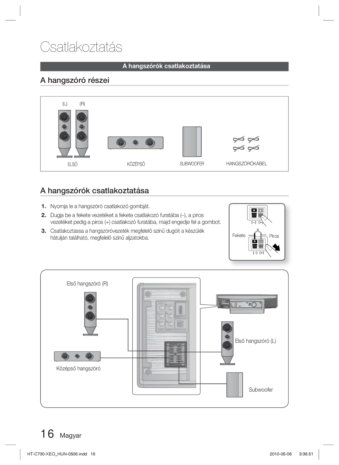 Samsung HT-C730/EDC, HT-C730/XEF Hangszóró részei, Hangszórók csatlakoztatása, Nyomja le a hangszóró csatlakozó gombját 