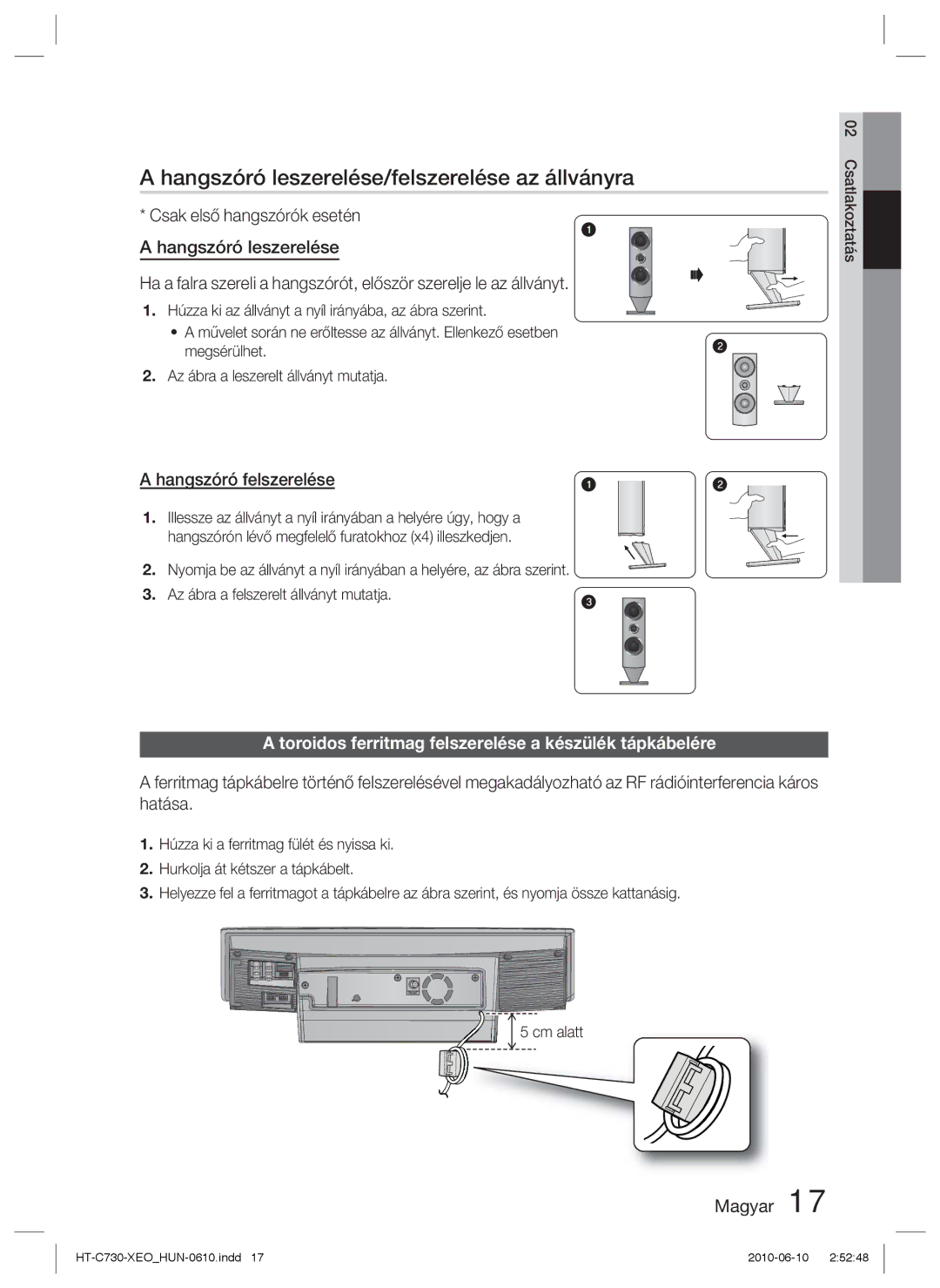 Samsung HT-C730/XEF, HT-C730/EDC manual Hangszóró leszerelése/felszerelése az állványra, Hangszóró felszerelése 