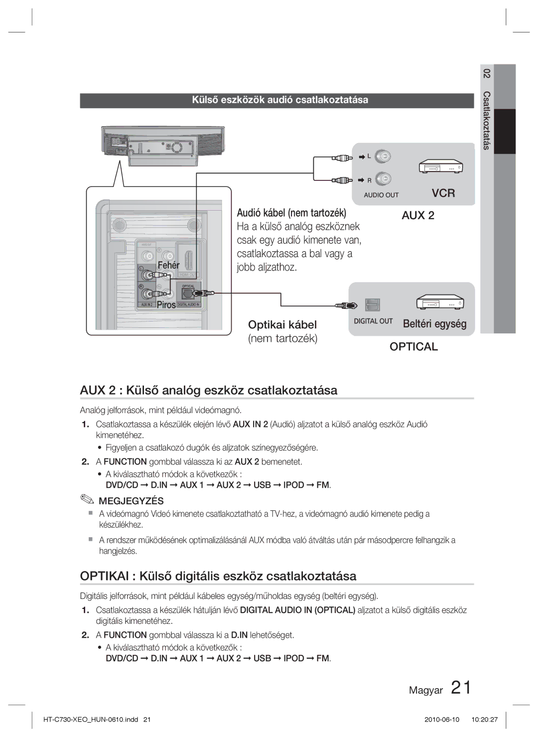 Samsung HT-C730/XEF AUX 2 Külső analóg eszköz csatlakoztatása, Optikai Külső digitális eszköz csatlakoztatása, Fehér Piros 