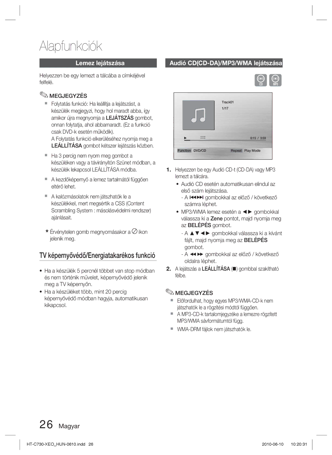 Samsung HT-C730/EDC, HT-C730/XEF manual Alapfunkciók, Lemez lejátszása, TV képernyővédő/Energiatakarékos funkció 