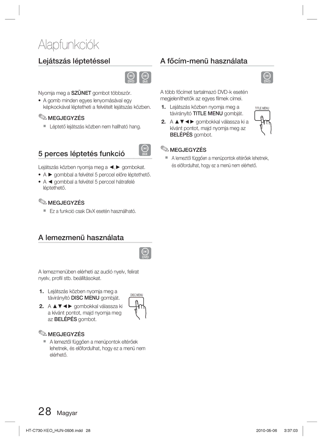 Samsung HT-C730/EDC manual Lejátszás léptetéssel, Perces léptetés funkció, Lemezmenü használata, Főcím-menü használata 