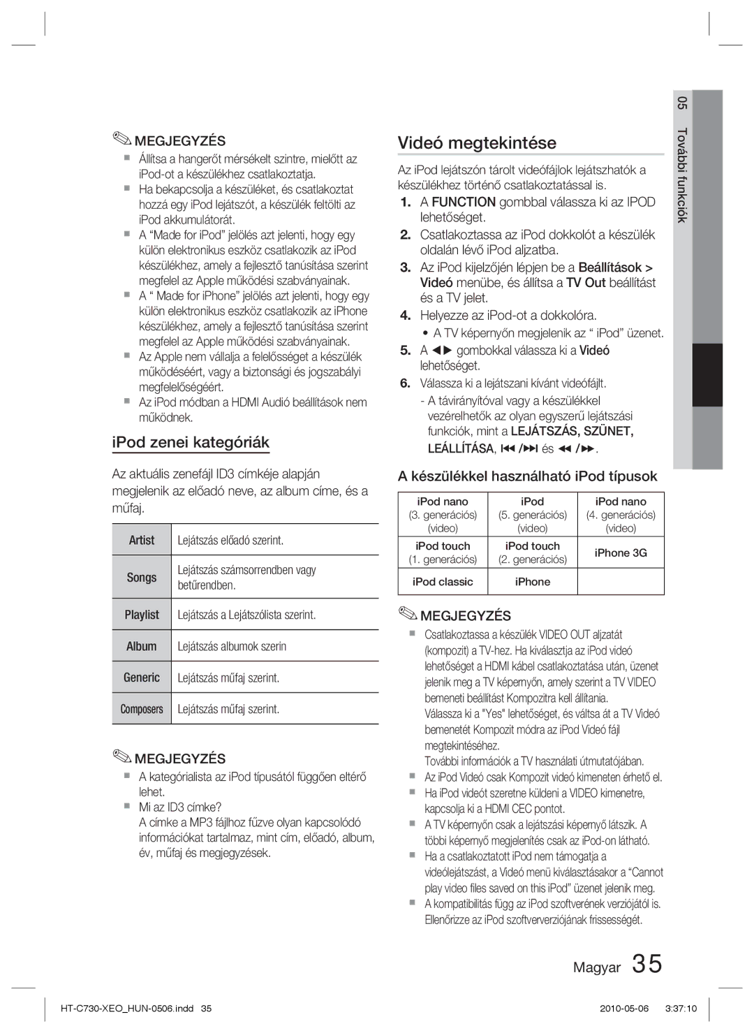 Samsung HT-C730/XEF, HT-C730/EDC manual Videó megtekintése, IPod zenei kategóriák, Készülékkel használható iPod típusok 