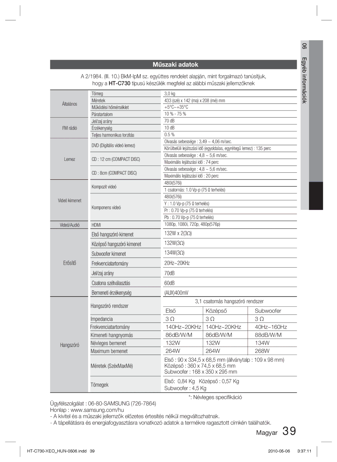 Samsung HT-C730/XEF, HT-C730/EDC manual Műszaki adatok, Első hangszóró kimenet 132W x, Subwoofer kimenet, Első Középső 