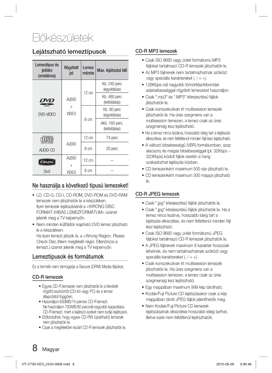 Samsung HT-C730/EDC, HT-C730/XEF manual Lejátszható lemeztípusok, Lemeztípusok és formátumok 