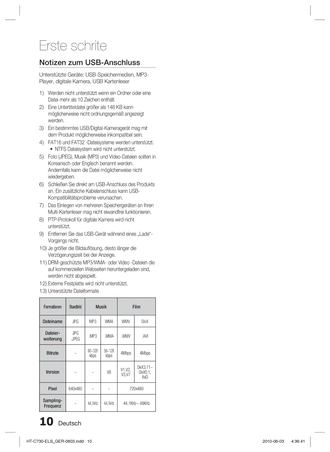 Samsung HT-C730/EDC manual Notizen zum USB-Anschluss, Musik Film, DivX, Kbps, XviD 