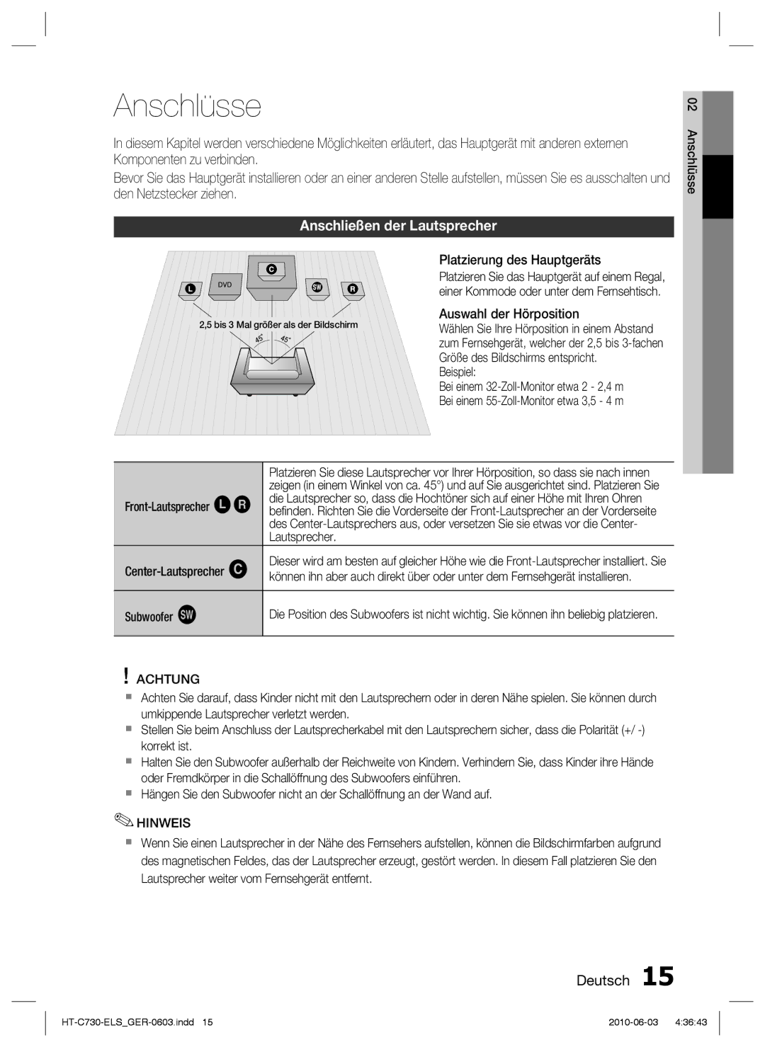 Samsung HT-C730/EDC manual Anschlüsse, Anschließen der Lautsprecher, Achtung 