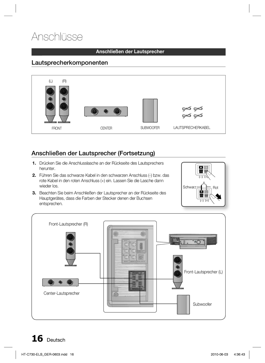 Samsung HT-C730/EDC manual Lautsprecherkomponenten, Anschließen der Lautsprecher Fortsetzung, Schwarz 