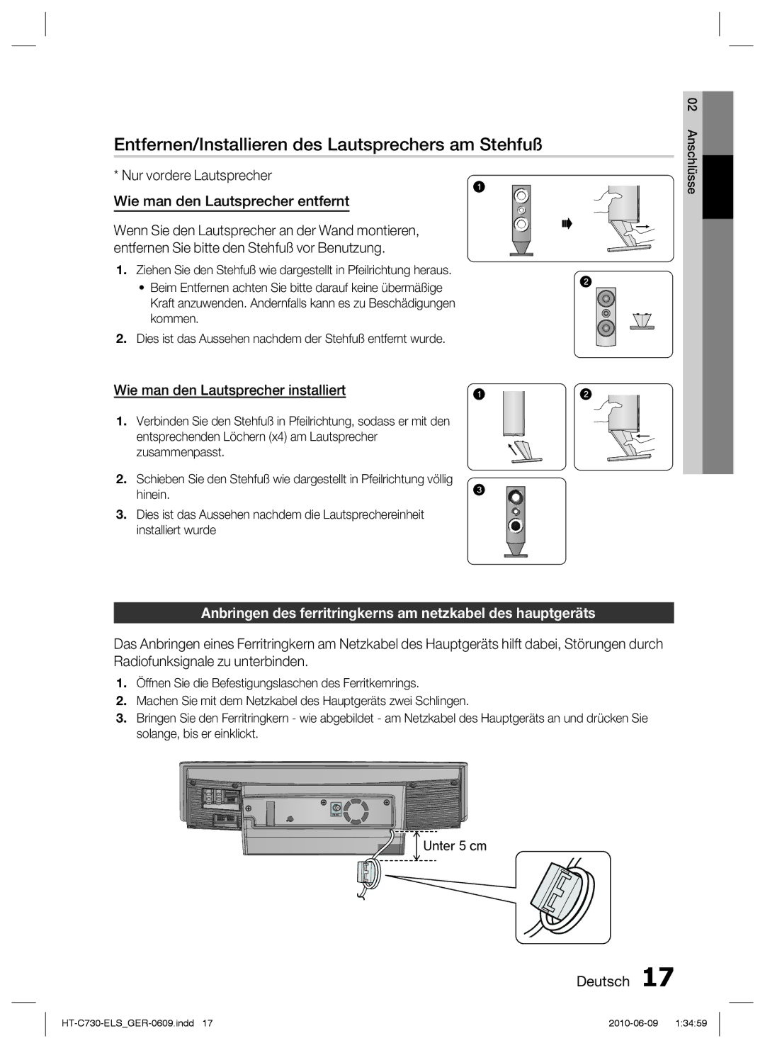 Samsung HT-C730/EDC manual Entfernen/Installieren des Lautsprechers am Stehfuß, Wie man den Lautsprecher installiert 