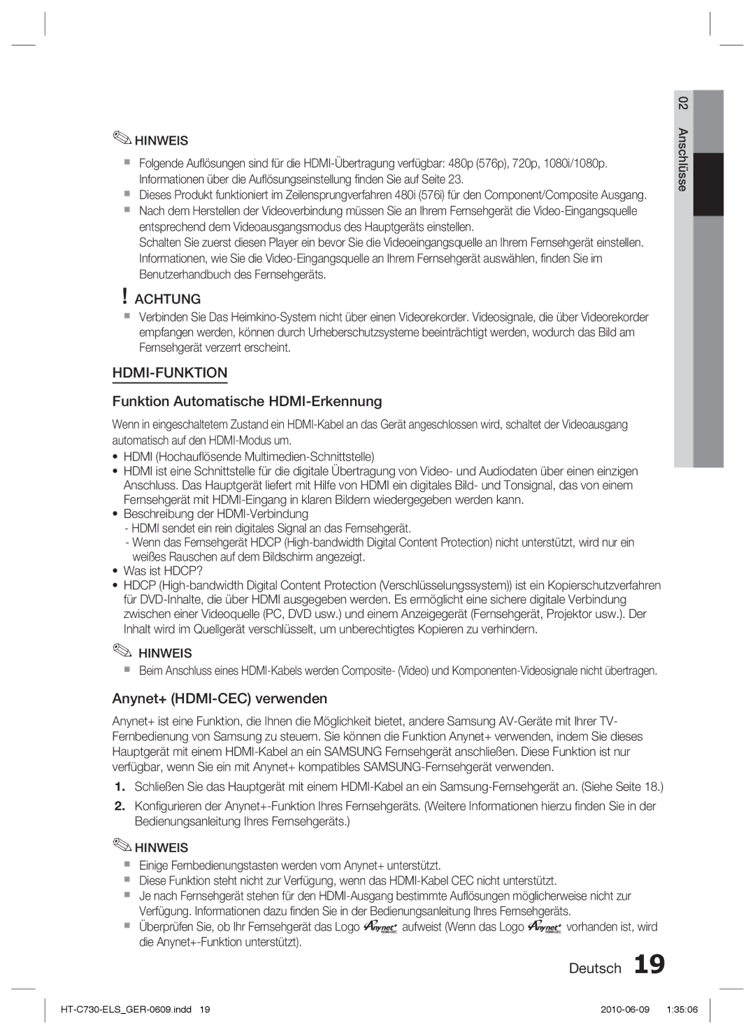 Samsung HT-C730/EDC manual Funktion Automatische HDMI-Erkennung, Anynet+ HDMI-CEC verwenden 