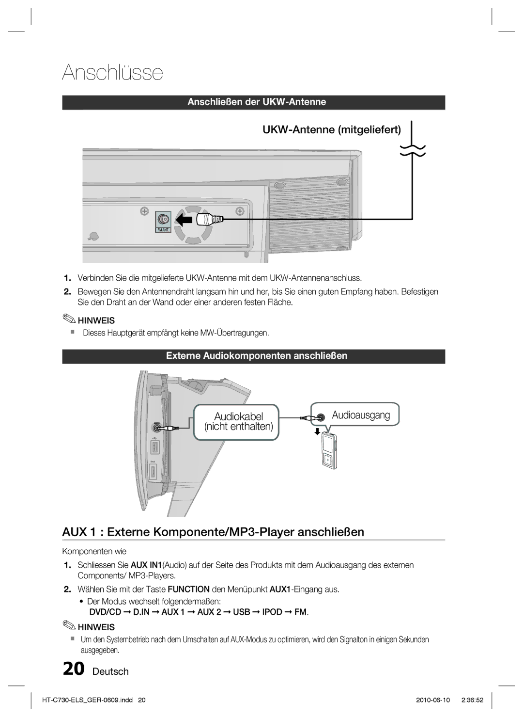 Samsung HT-C730/EDC manual AUX 1 Externe Komponente/MP3-Player anschließen, Anschließen der UKW-Antenne 