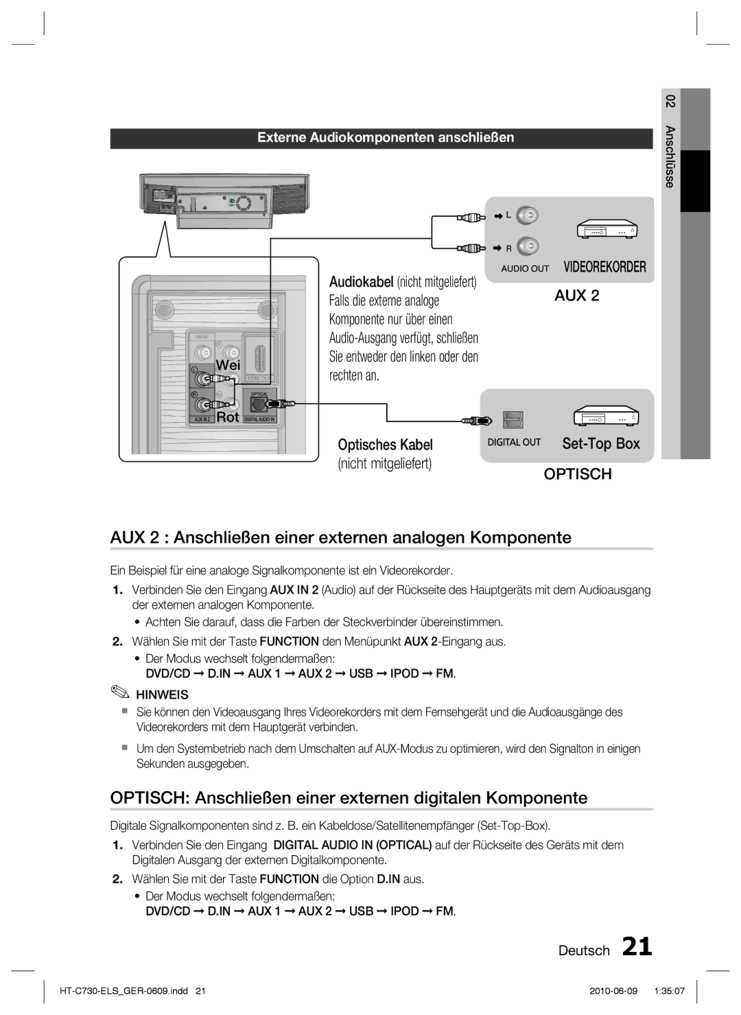 Samsung HT-C730/EDC manual AUX 2 Anschließen einer externen analogen Komponente, Wei Rot, Set-Top Box 