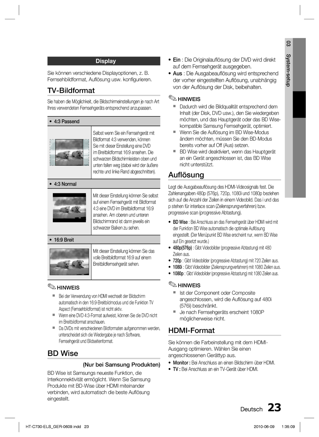 Samsung HT-C730/EDC manual TV-Bildformat, BD Wise, Auﬂösung, HDMI-Format, Display 