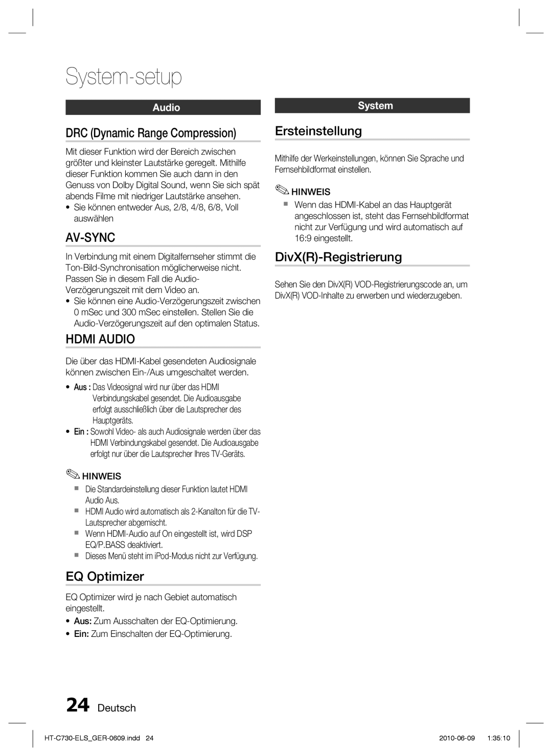 Samsung HT-C730/EDC manual EQ Optimizer, Ersteinstellung, DivXR-Registrierung, Audio 