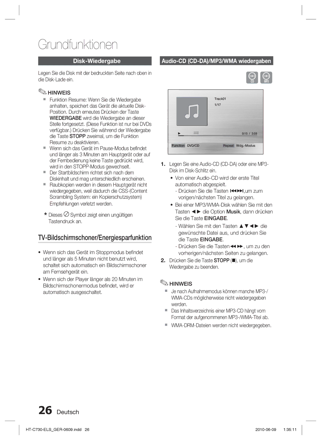 Samsung HT-C730/EDC manual Grundfunktionen, Disk-Wiedergabe, TV-Bildschirmschoner/Energiesparfunktion 