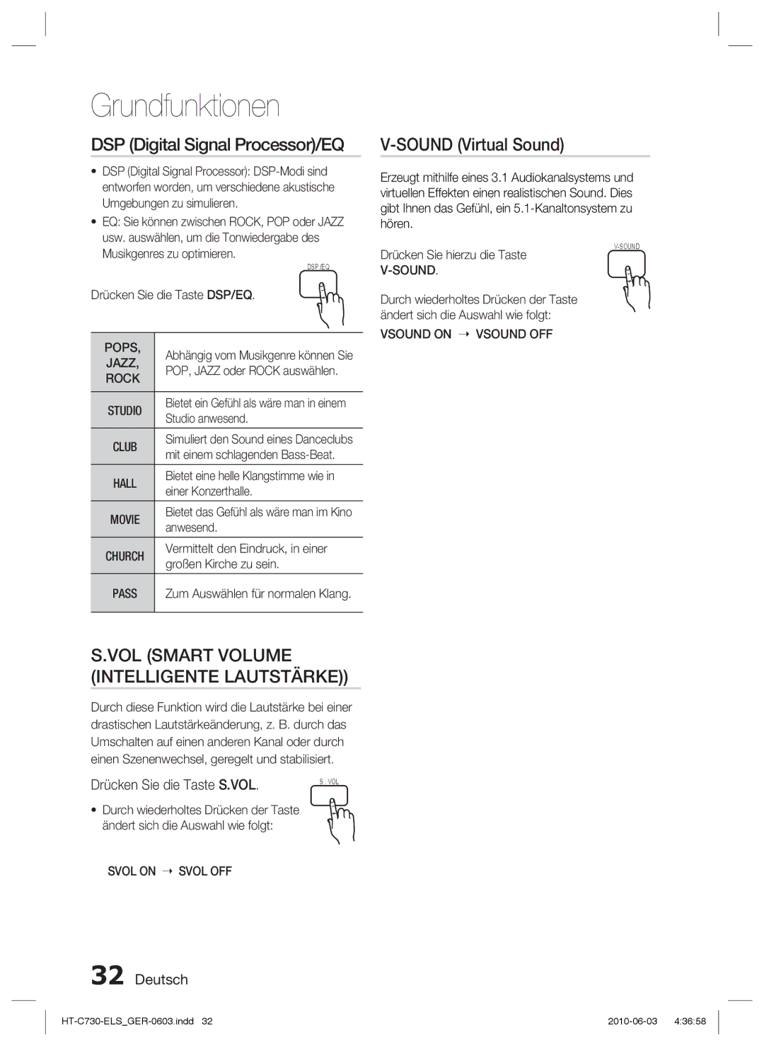 Samsung HT-C730/EDC manual DSP Digital Signal Processor/EQ, Sound Virtual Sound, Drücken Sie die Taste S.VOL 