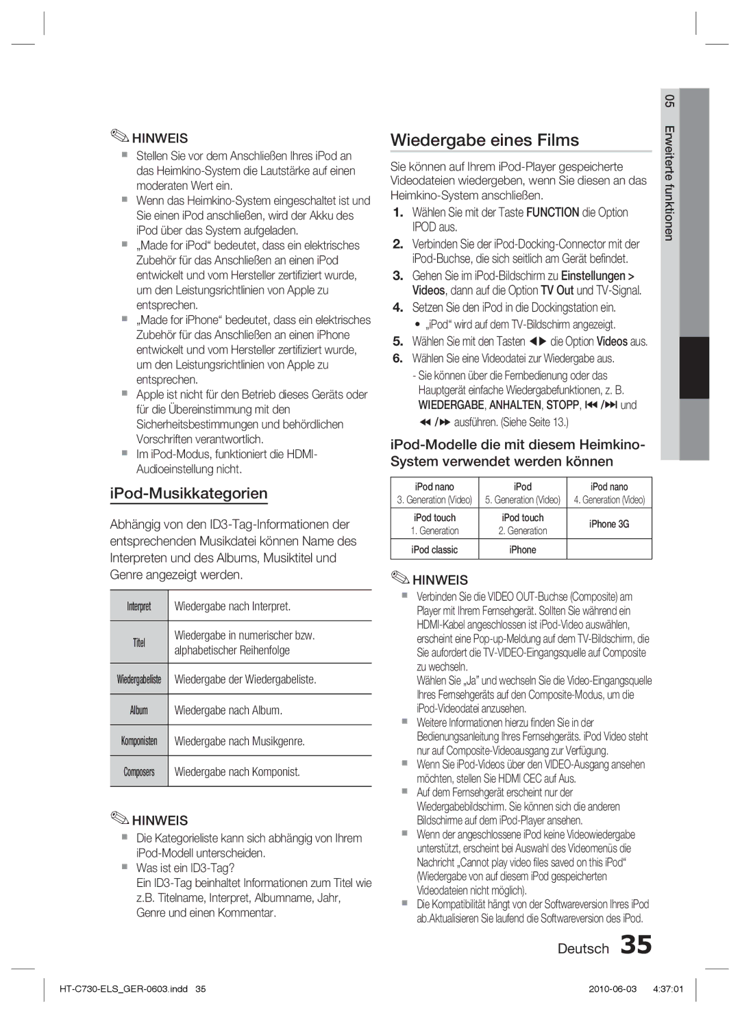 Samsung HT-C730/EDC manual Wiedergabe eines Films 