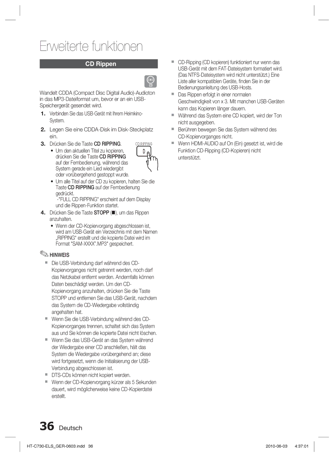 Samsung HT-C730/EDC manual CD Rippen, Drücken Sie die Taste Stopp , um das Rippen anzuhalten 