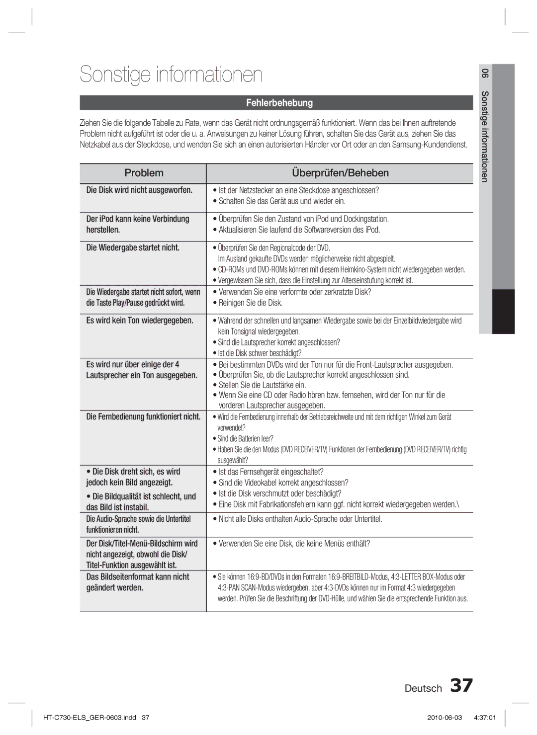 Samsung HT-C730/EDC manual Sonstige informationen, Fehlerbehebung 