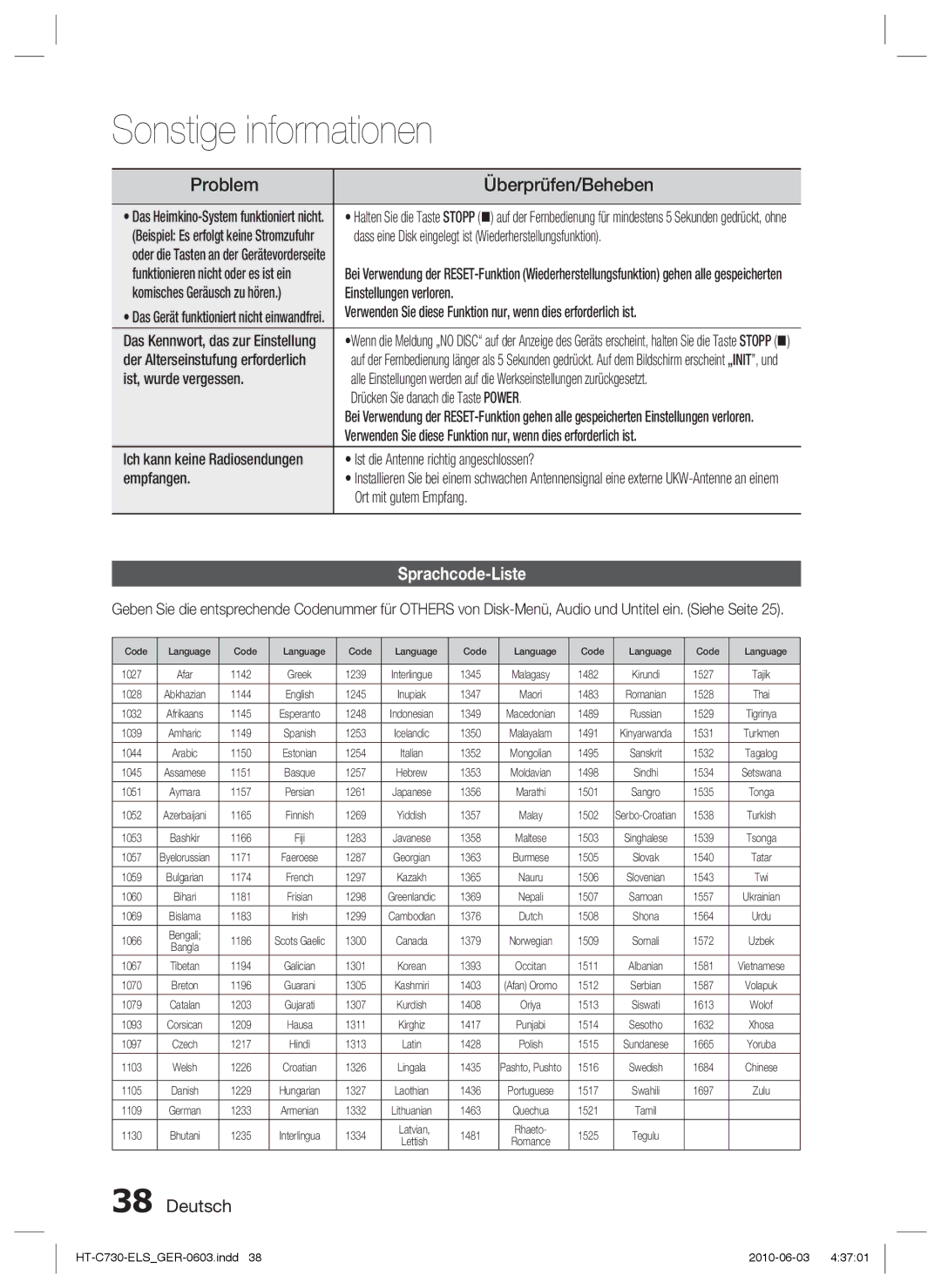 Samsung HT-C730/EDC manual Sprachcode-Liste 