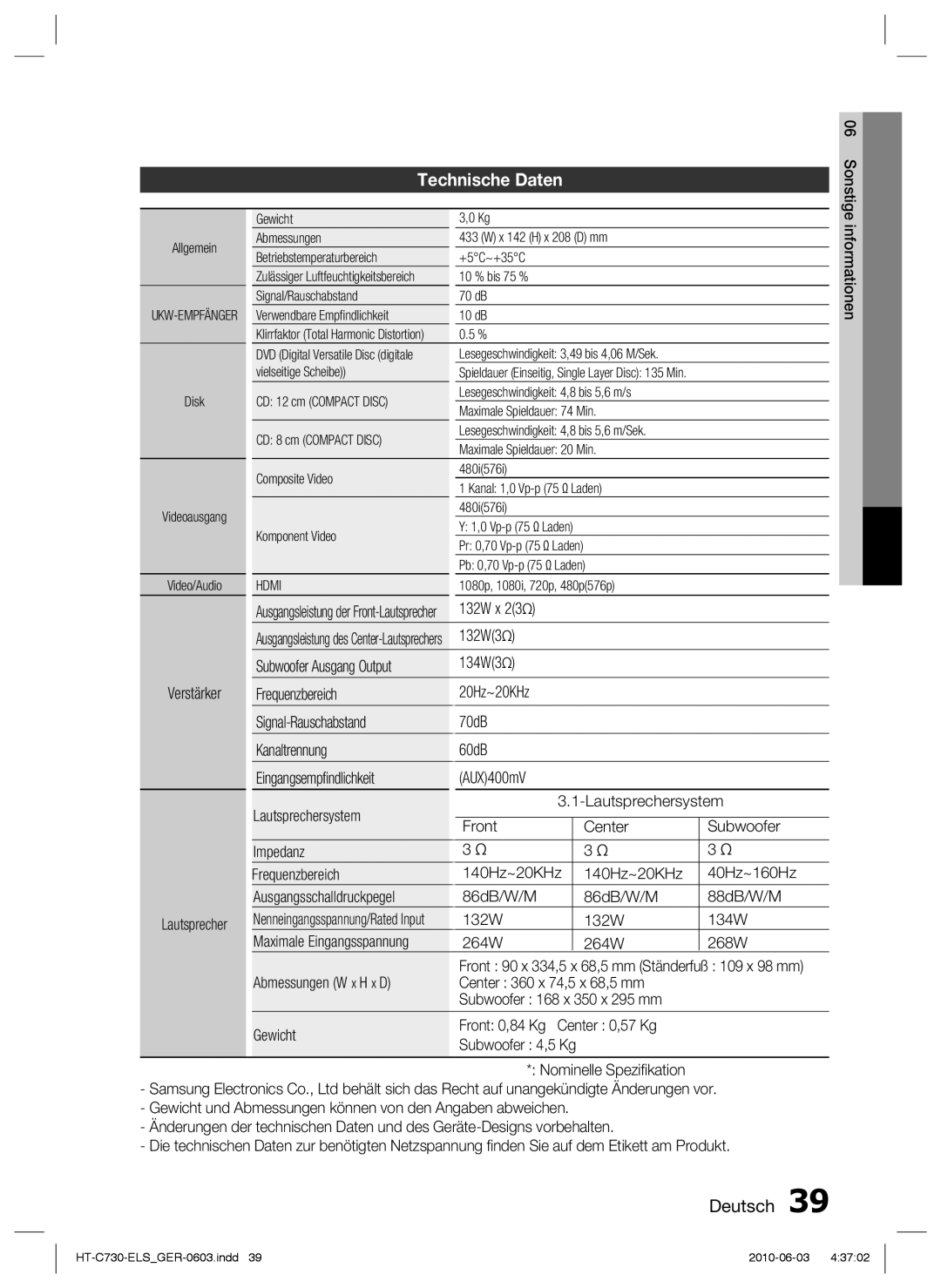 Samsung HT-C730/EDC manual Technische Daten, 132W x, 132W 134W, 264W 268W 