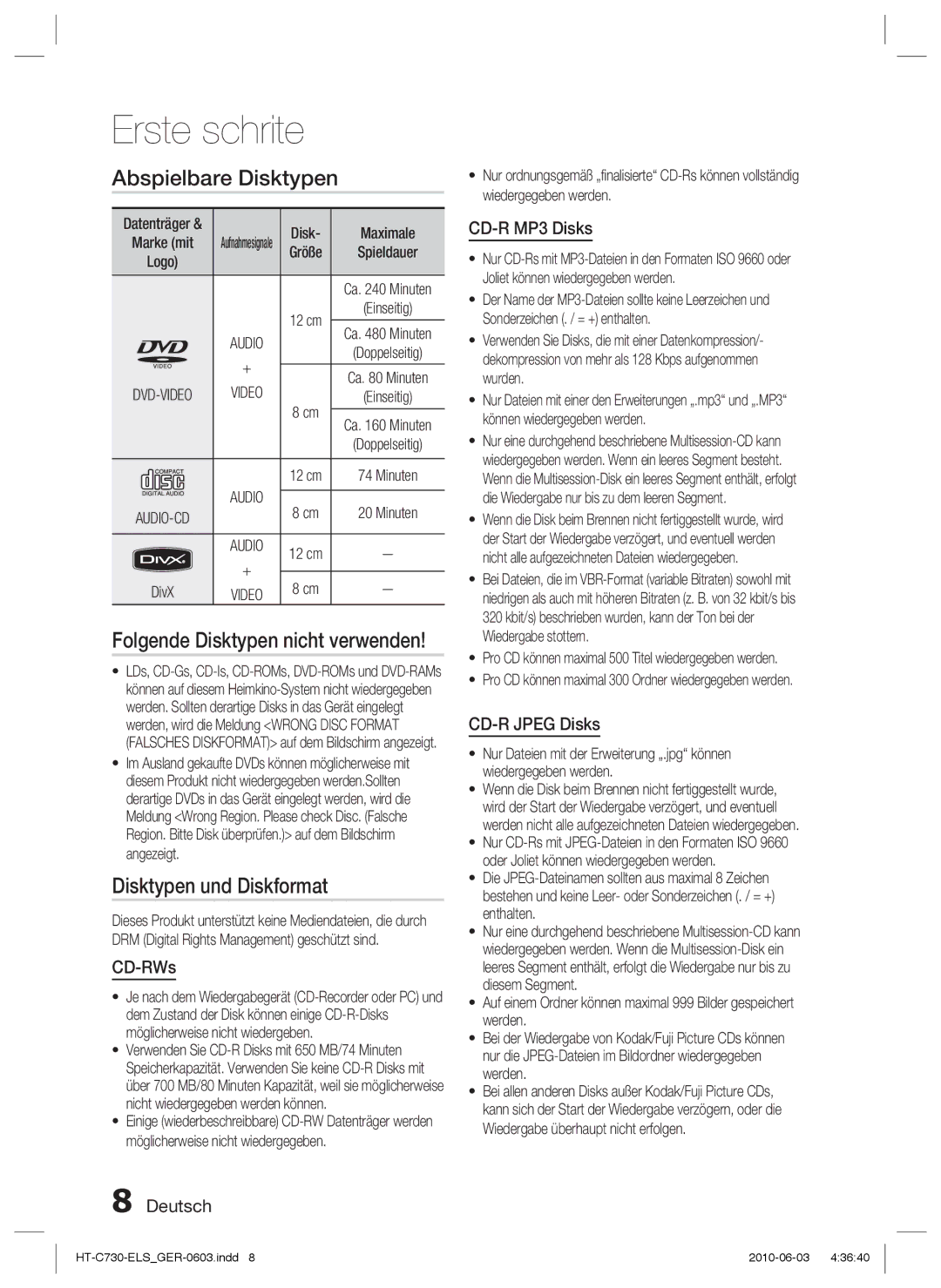 Samsung HT-C730/EDC manual Erste schrite, Abspielbare Disktypen, Disktypen und Diskformat 