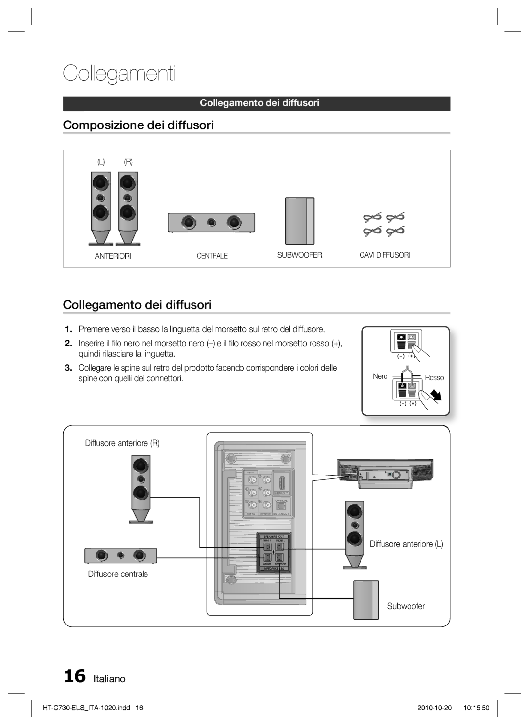 Samsung HT-C730/XEF manual Composizione dei diffusori, Collegamento dei diffusori 