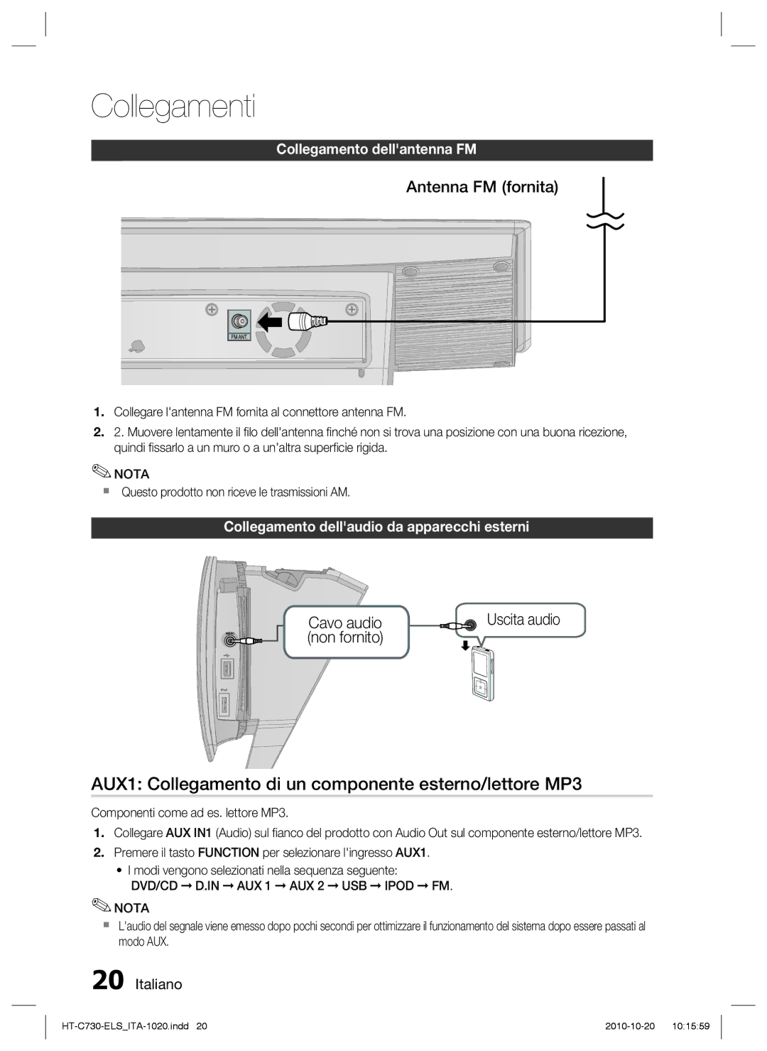 Samsung HT-C730/XEF AUX1 Collegamento di un componente esterno/lettore MP3, Collegamento dellantenna FM, Uscita audio 