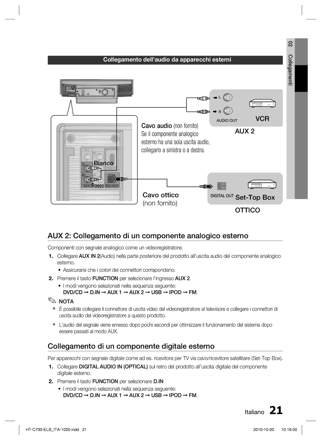 Samsung HT-C730/XEF AUX 2 Collegamento di un componente analogico esterno, Collegamento di un componente digitale esterno 