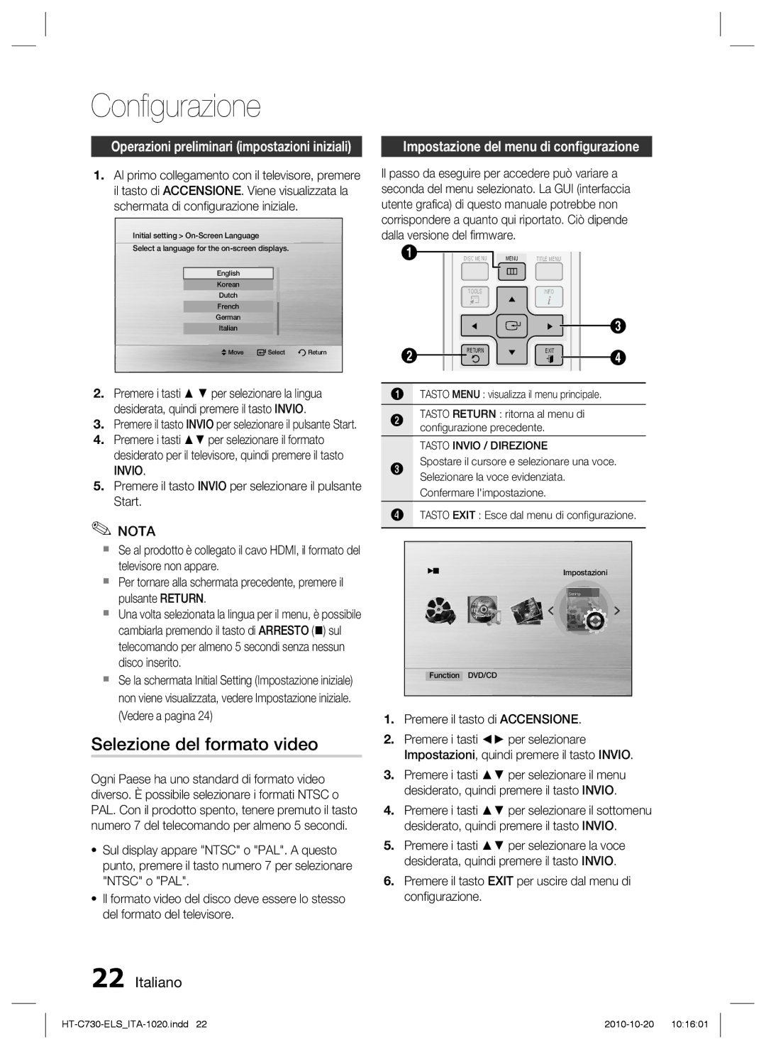 Samsung HT-C730/XEF manual Conﬁgurazione, Selezione del formato video, Impostazione del menu di conﬁgurazione, Invio 