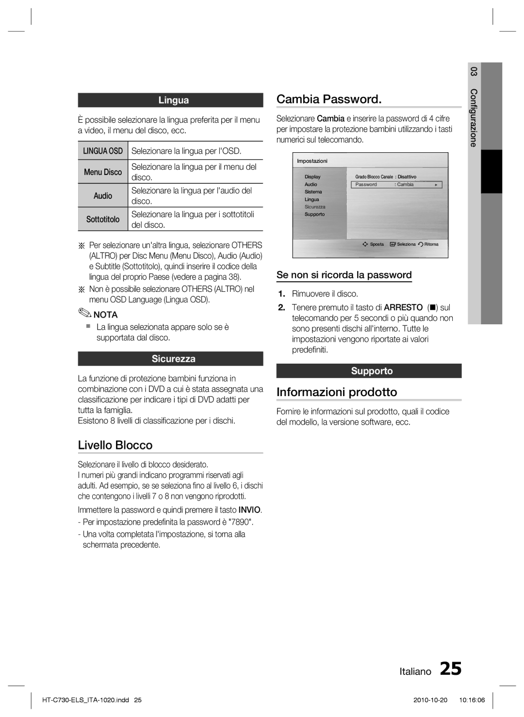 Samsung HT-C730/XEF manual Informazioni prodotto, Livello Blocco, Lingua, Sicurezza, Supporto 