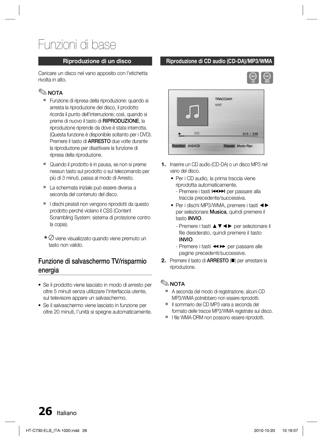 Samsung HT-C730/XEF manual Funzioni di base, Funzione di salvaschermo TV/risparmio energia, Riproduzione di un disco 